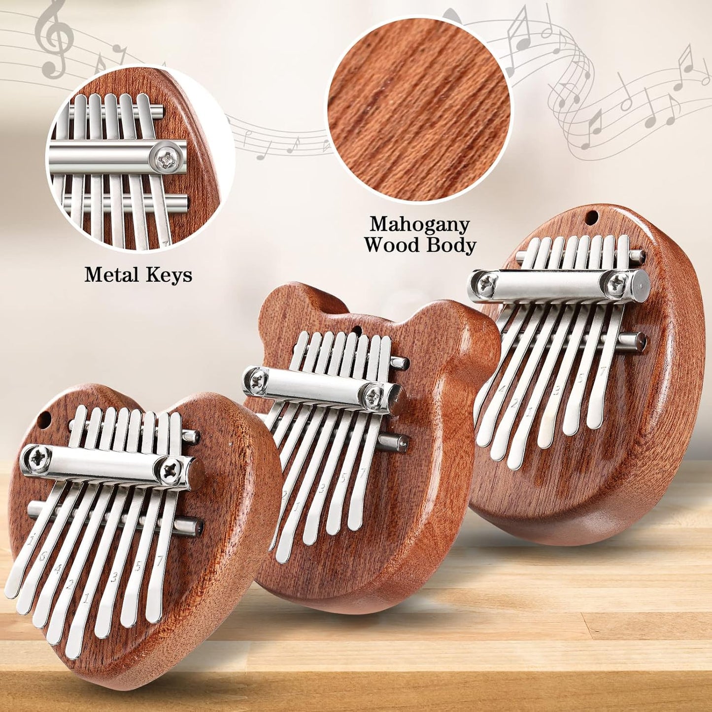 3PCS Mini Thumb Piano Set - 7-Key Kalimba with Cute Designs, Solid Wood Body & Metal Keys, Portable Musical Instrument for Beginners, Kids, and Music Lovers
